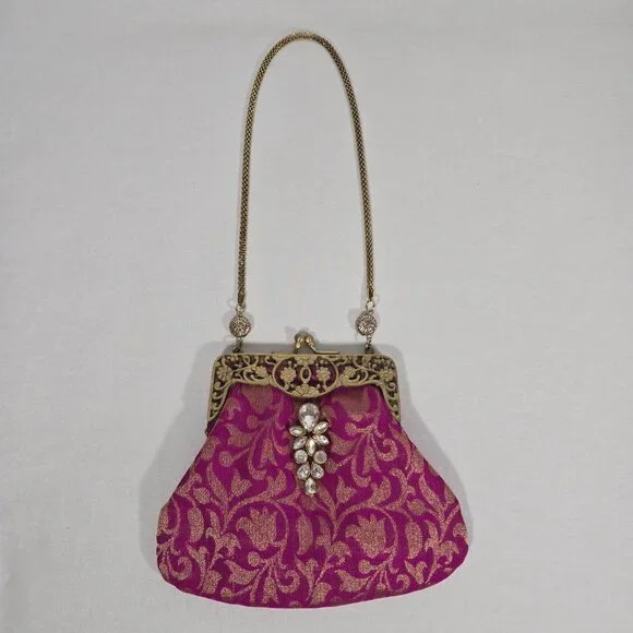 VINTAGE - ANTIQUE Bridgerton Hipster FUCHSIA Embellished Gold Details Clutch Bag - Picture 3 of 17